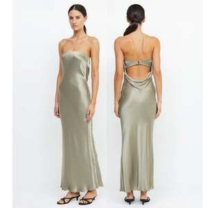 Bec + Bridge Moon Dance Satin Strapless Maxi Dress in Sage Green